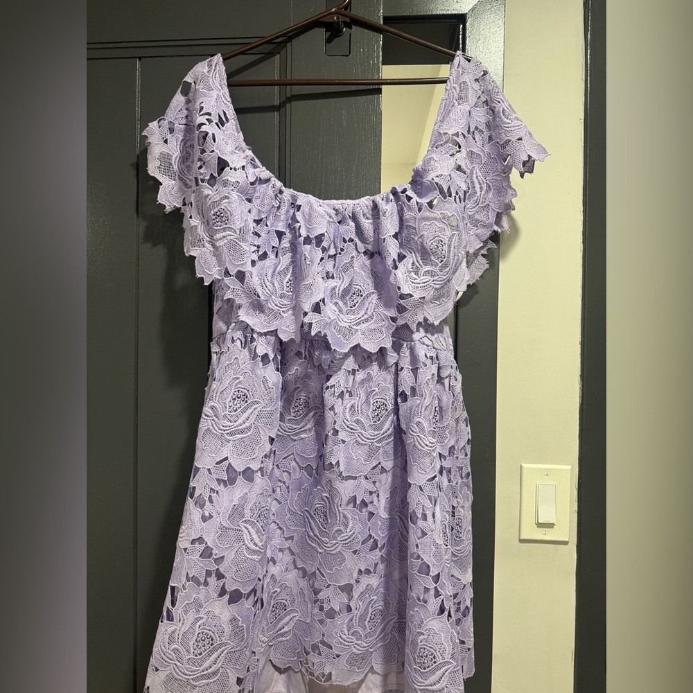 Lovers & Friends off the shoulder lavender lace dress.